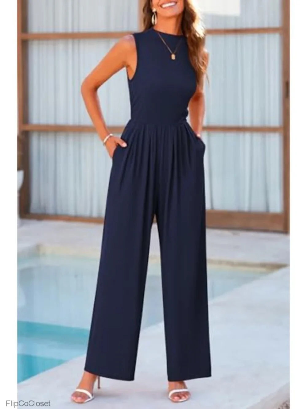 Sleeveless Wide Leg Jumpsuit with Pockets Ribbed Knit Mock Neck Dressy Summer